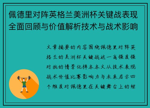 佩德里对阵英格兰美洲杯关键战表现全面回顾与价值解析技术与战术影响
