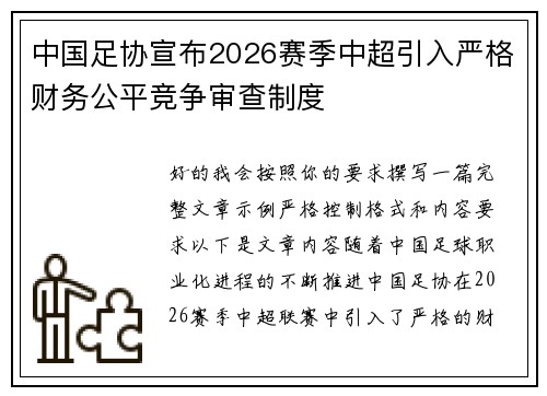 中国足协宣布2026赛季中超引入严格财务公平竞争审查制度 中国足协宣布2026赛季中超引入严格财务公平竞争审查制度