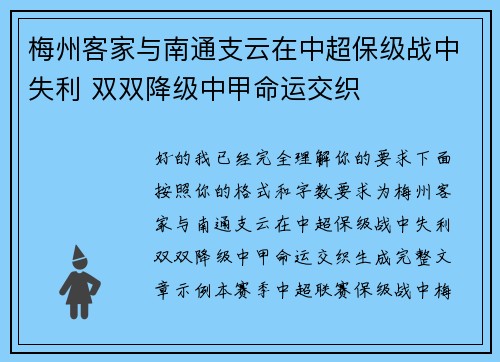 梅州客家与南通支云在中超保级战中失利 双双降级中甲命运交织